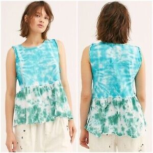 FREE PEOPLE Teal Waters Tie Dye Boho Sleeveless Peplum Anytime Tank Top Shirt